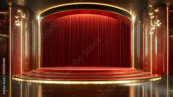 Fototapeta Elegant stage interior featuring shimmering lights and rich red drapery, perfect for a theatrical performance or event.