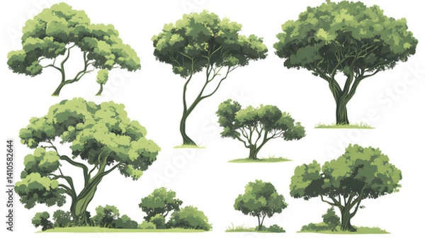 Fototapeta A collection of various green trees showcasing unique shapes and sizes, ideal for nature-themed designs.