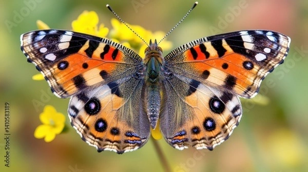 Fototapeta Vivid painted lady butterfly on yellow flowers with detailed wing patterns