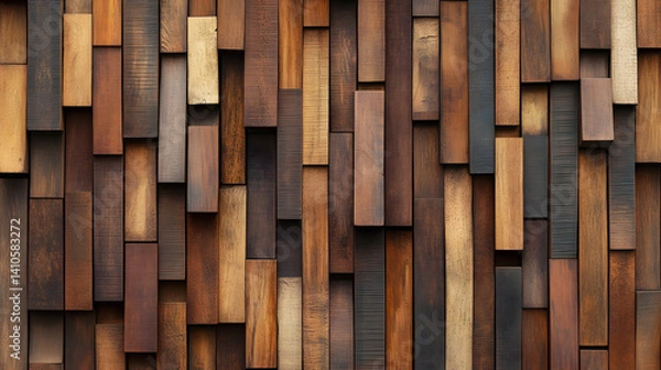 Fototapeta Artistic wooden panel wall featuring various shades and textures of wood in a mosaic pattern.