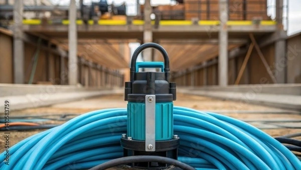 Fototapeta A closeup view of a highcapacity pump p near a construction site with power cables and water hoses arranged neatly emphasizing its role in rapid water removal.