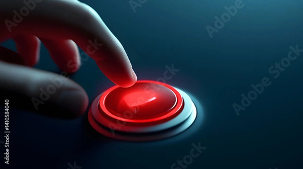 Fototapeta A close-up shot of a hand hovering over a glowing red button, suggesting tension and anticipation.