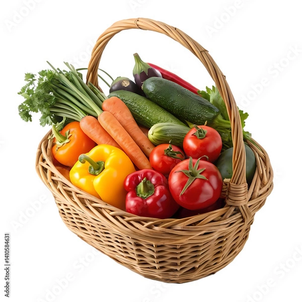 Obraz Vegetable basket isolated on transparent background, Woven wicker basket, fresh vegetables, colorful produce