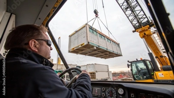 Fototapeta A medium closeup of a crane operators view while lifting a large modular section into place capturing the combination of machinery and human skill during the assembly.