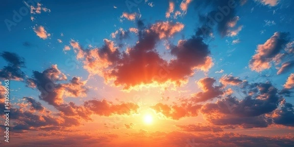 Fototapeta Beautiful sunset over the horizon with vibrant clouds in the evening sky