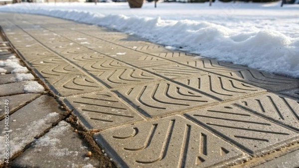 Obraz A medium closeup of a unique paving tile with a patterned surface featuring grooves designed to channel melted snow while maximizing heat absorption.