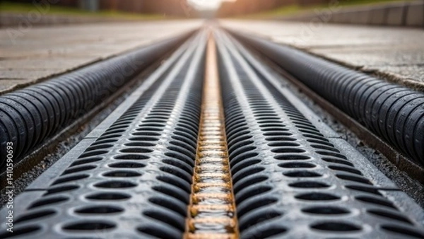 Obraz A medium closeup view of stormwater management beneath the pavement showing the channeling system made of perforated pipes that directs excess water away.