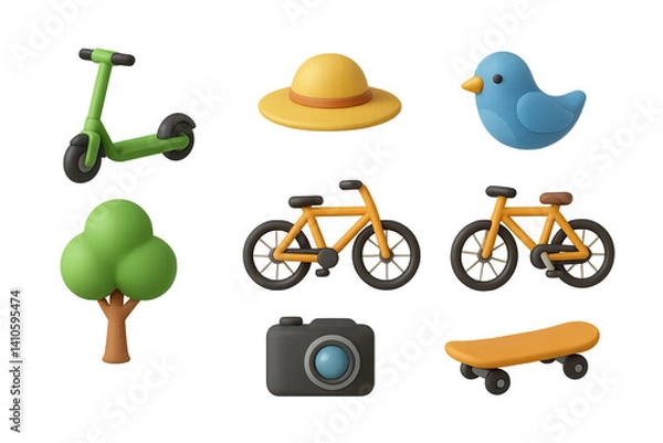 Fototapeta 3D icon set of outdoor reading: scooter, walking path, sun hat, bird, tree, bicycle, camera, skateboard. 3d icon. icons set of 3d style in a modern design. Isolated