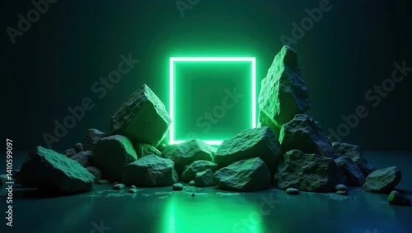 Fototapeta Geometric glow: neon square frame amongst rugged rocks in mystical night scene