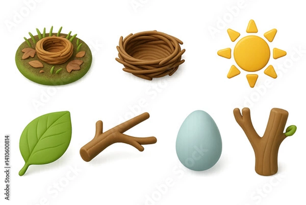 Fototapeta 3D icon set of colorful birds: owl, finch, swan, canary, nest, hummingbird, eagle, pigeon. 3d icon. icons set of 3d style in a modern design. Isolated