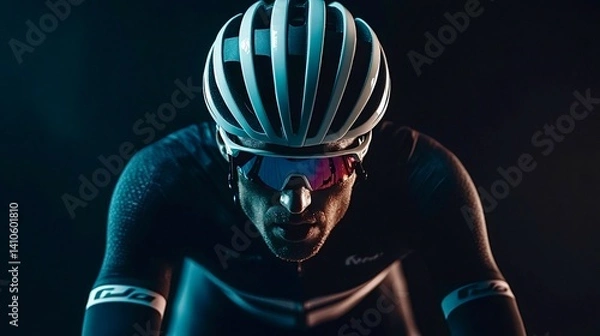 Obraz Professional cyclist wearing helmet and glasses posing for portrait