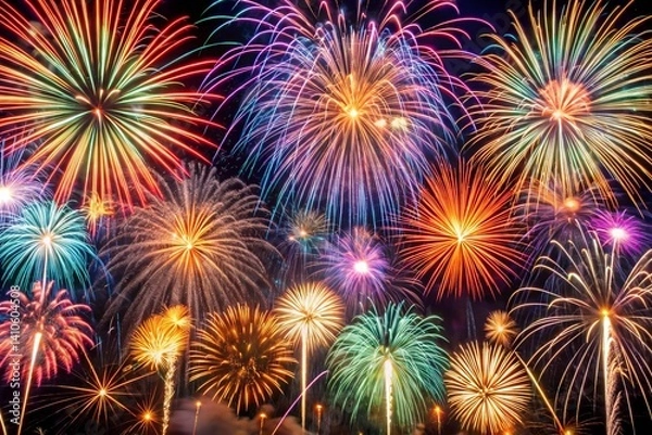 Fototapeta Vibrant fireworks explode in a colorful night sky celebration