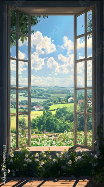 Obraz Lattice Window Overlooking Idyllic Countryside with Rolling Hills and Cottages
