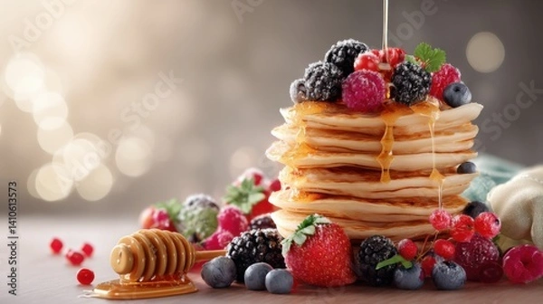 Fototapeta Stack of delicious pancakes drizzled with syrup and topped with fresh mixed berries.