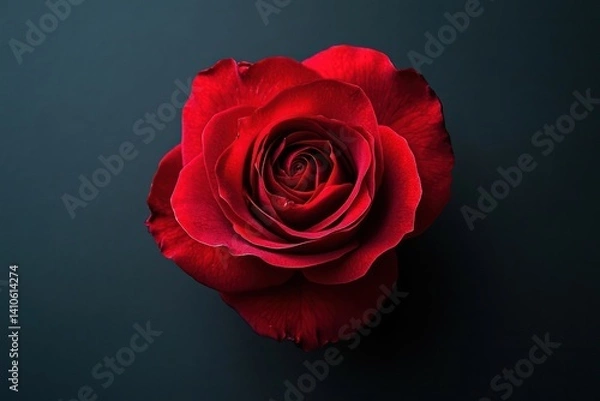 Obraz A single red rose placed at the center of a black background, with soft lighting accentuating its vibrant petals and symbolic beauty.