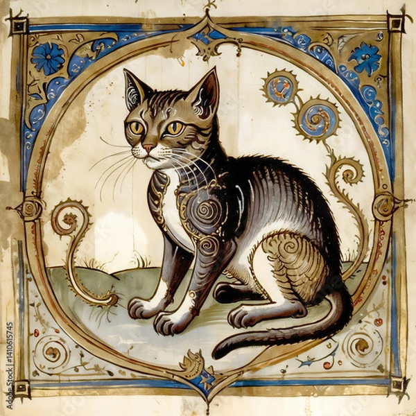 Obraz Regal Tabby – Medieval manuscript exposes individual cat portrait, artfully rendered with intricate period design, radiating unparalleled ancient elegance and enigmatic allure.