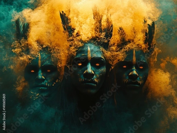 Fototapeta Three Ethereal Guardians: Mystical Figures Adorned with Feathers Emerging from a Smoky Veil, Bathed in Golden and Teal Light, Displaying Intense Gaze.