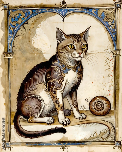 Obraz Majestic Purr – Unique medieval manuscript displays solitary enchanting portrait, illustrating antique cat allegory through refined craftsmanship, intricate motifs and historic mystique.