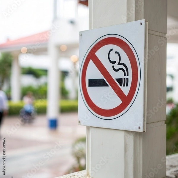 Obraz A no-smoking sign posted outdoors, promoting a smoke-free environment in a public area with blurred backgrounds of greenery and people.