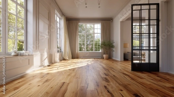 Fototapeta Sunlit spacious room with hardwood floors, large windows, and beige curtains.  A room divider adds a touch of modern design.