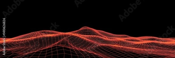 Obraz A digital landscape with a red wireframe grid on a black background showing abstract terrain view