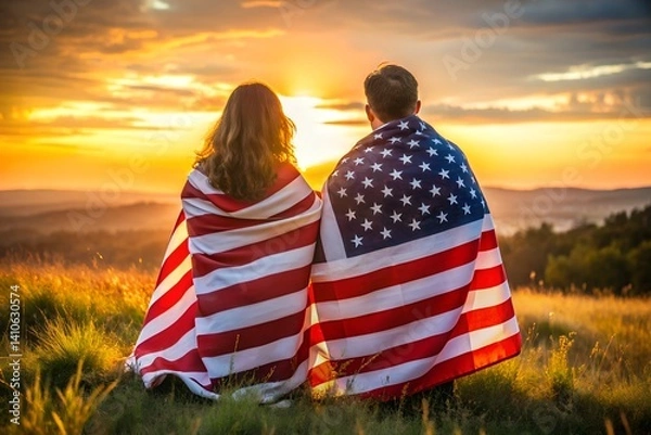 Fototapeta Couple wrapped in U.S. flag looking at sunset