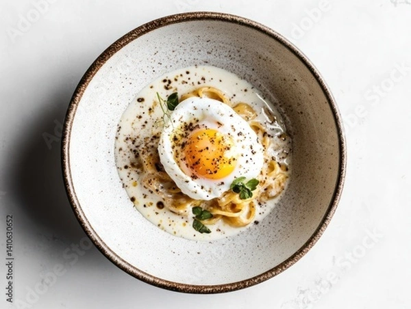 Fototapeta A top-down view of a rich carbonara pasta dish complete with a perfectly poached egg served in a deep bowl on a white background emphasizing creamy textures and vibrant details