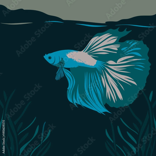 Obraz Elegant Halfmoon purple butterfly Betta fish with soft pink hues, flowing fins, and a butterfly-like tail in stunning vector artwork.