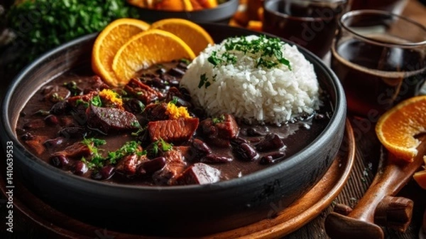Fototapeta A hearty bowl of feijoada with rice and orange slices, garnished with fresh herbs.