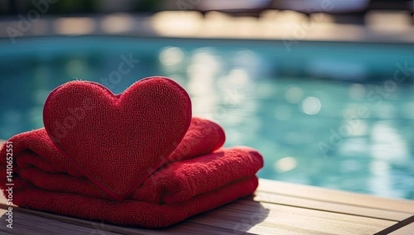Fototapeta Red heart towels by poolside.