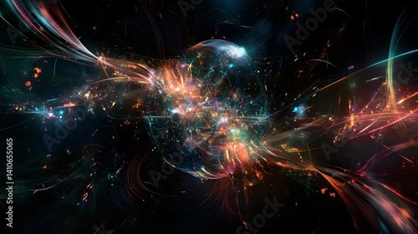 Obraz Celestial Symphony: A mesmerizing display of cosmic energy swirls and bursts across the canvas, igniting the imagination with its brilliant hues and ethereal textures.