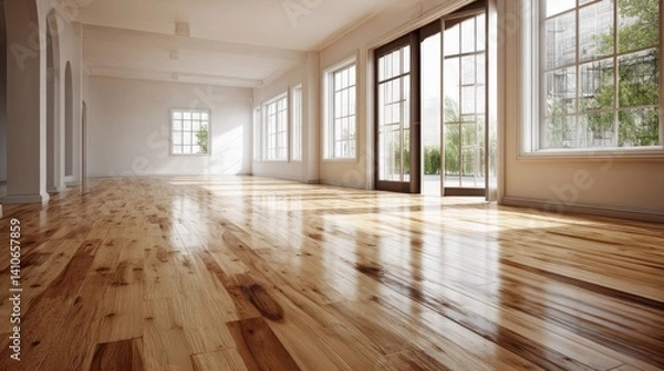 Fototapeta Sunlight streams into a bright, spacious room with gleaming hardwood floors and large windows, creating a warm and inviting atmosphere.