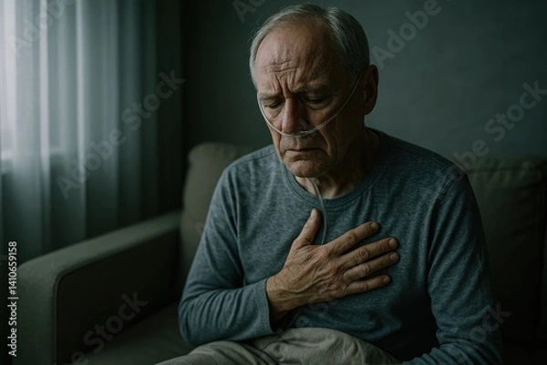 Fototapeta An elderly man sits on a couch with a concerned expression, holding his chest as he struggles to breathe. An oxygen tube is visible, indicating a health issue. Soft light enters the room