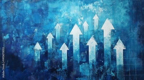 Fototapeta Blue background with painted white arrows pointing upwards, symbolizing growth