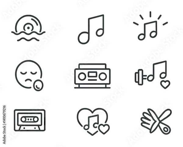 Fototapeta Music themed outlines: notes, radio, cassette, icons of melody and rhythm.