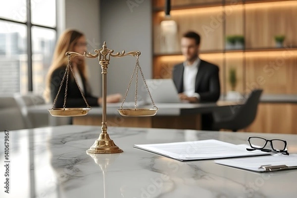 Fototapeta In a professional office environment, a golden scale symbolizes justice on a marble table, while a contract and glasses lay nearby with two professionals.