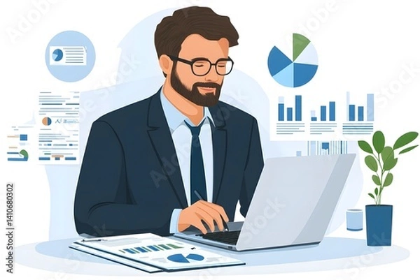 Obraz A focused professional meticulously analyzes data and works on a laptop. Demonstrating the digital tools and resources in the process of work.