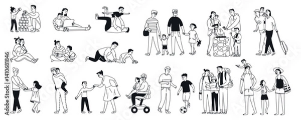 Obraz Big set of grandparents and grandchildren, parents and children, vacation together. Active games and communication, trip. Isolated doodle