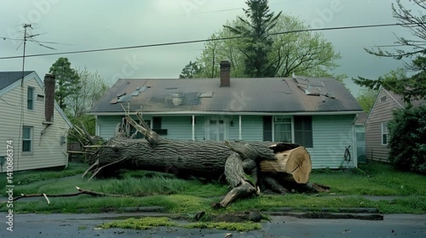 Fototapeta Uprooted tree from strong winds falls on small house, damaging porch and roof in overcast setting