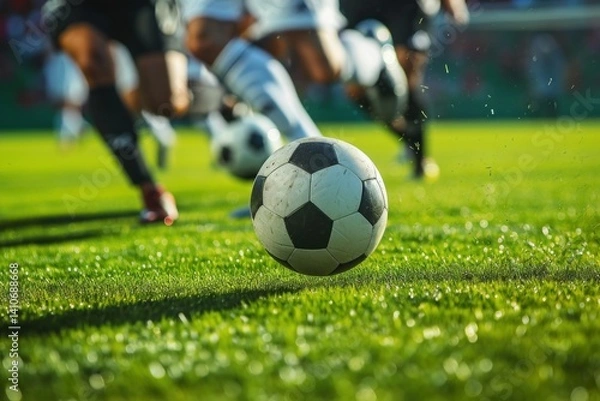 Fototapeta Soccer ball on the green grass of a soccer field with players. Football Player. Soccer concept. Football Championship Concept. Football concept with copy space. 