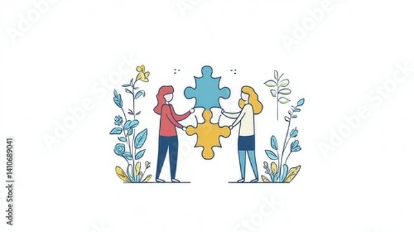 Fototapeta The concept of teamwork and human resources is illustrated through people working together to solve a puzzle in a modern setting