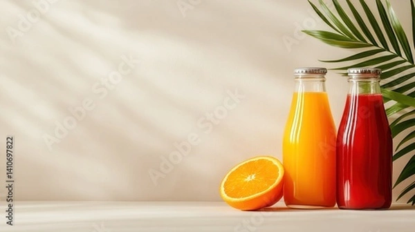 Fototapeta Two colorful glass bottles next to a fresh orange slice and green palm leaves depict a vibrant lifestyle, promoting fruity flavors and healthful refreshment in natural settings.