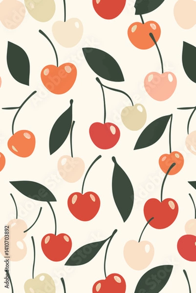 Fototapeta Seamless Retro Cherry Vector Pattern with Colorful Fruits and Leaves for Summer Design Use
