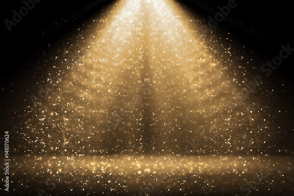 Obraz Stage light and golden glitter lights on floor. Abstract gold background for display your product. Spotlight realistic ray