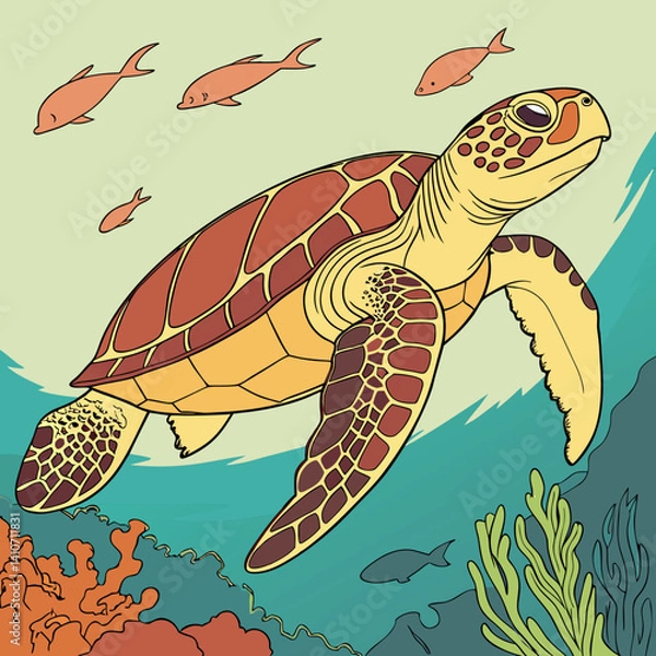 Obraz Realistic full-body illustration of a colorful Loggerhead Turtle, a migratory sea creature. Ideal for marine wildlife designs, educational projects, and nature-themed artwork.