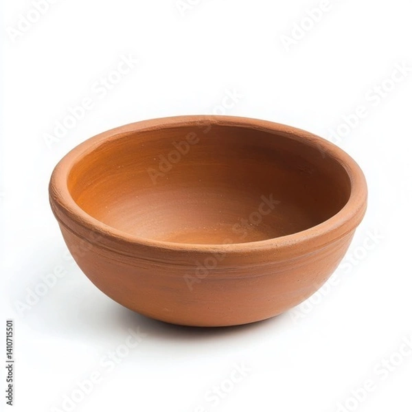 Fototapeta Close up view of a simple terracotta bowl on a plain white surface area