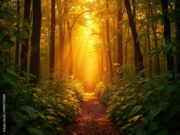 Fototapeta A picturesque path winds through a dense forest bathed in the warm glow of golden sunlight filtering through the trees creating a magical atmosphere