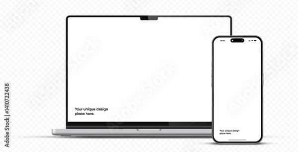 Obraz Modern laptop mockup front view and smartphone mockup high quality isolated on white background. Notebook mockup and phone device mockup for ui ux app and website presentation Stock Vector.
