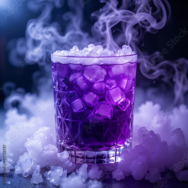 Fototapeta A purple glowing cocktail in a glass with smoking dry ice, creating a mystical effect.