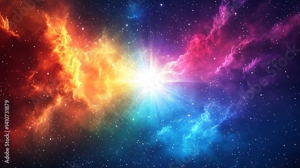 Fototapeta Vibrant Cosmic Nebula with Bright Stars, A vibrant cosmic nebula with bright stars and colorful gas clouds in space